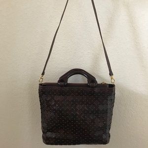 CEM shoulder or wood handle leather tiles purse